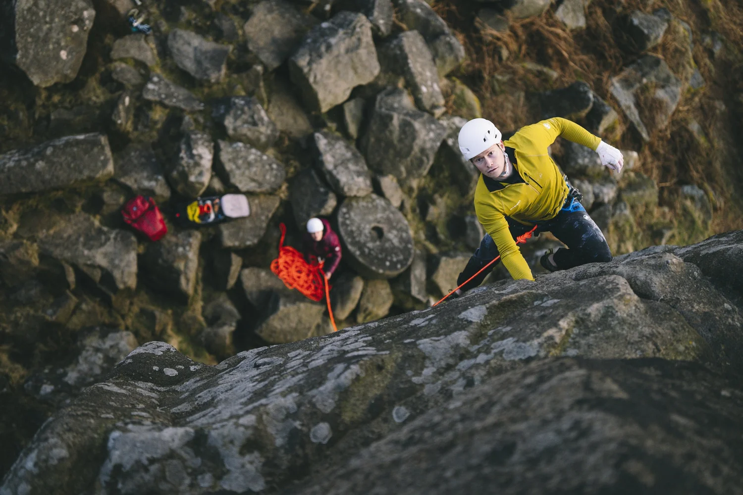Climber on The File crag focused on the moves